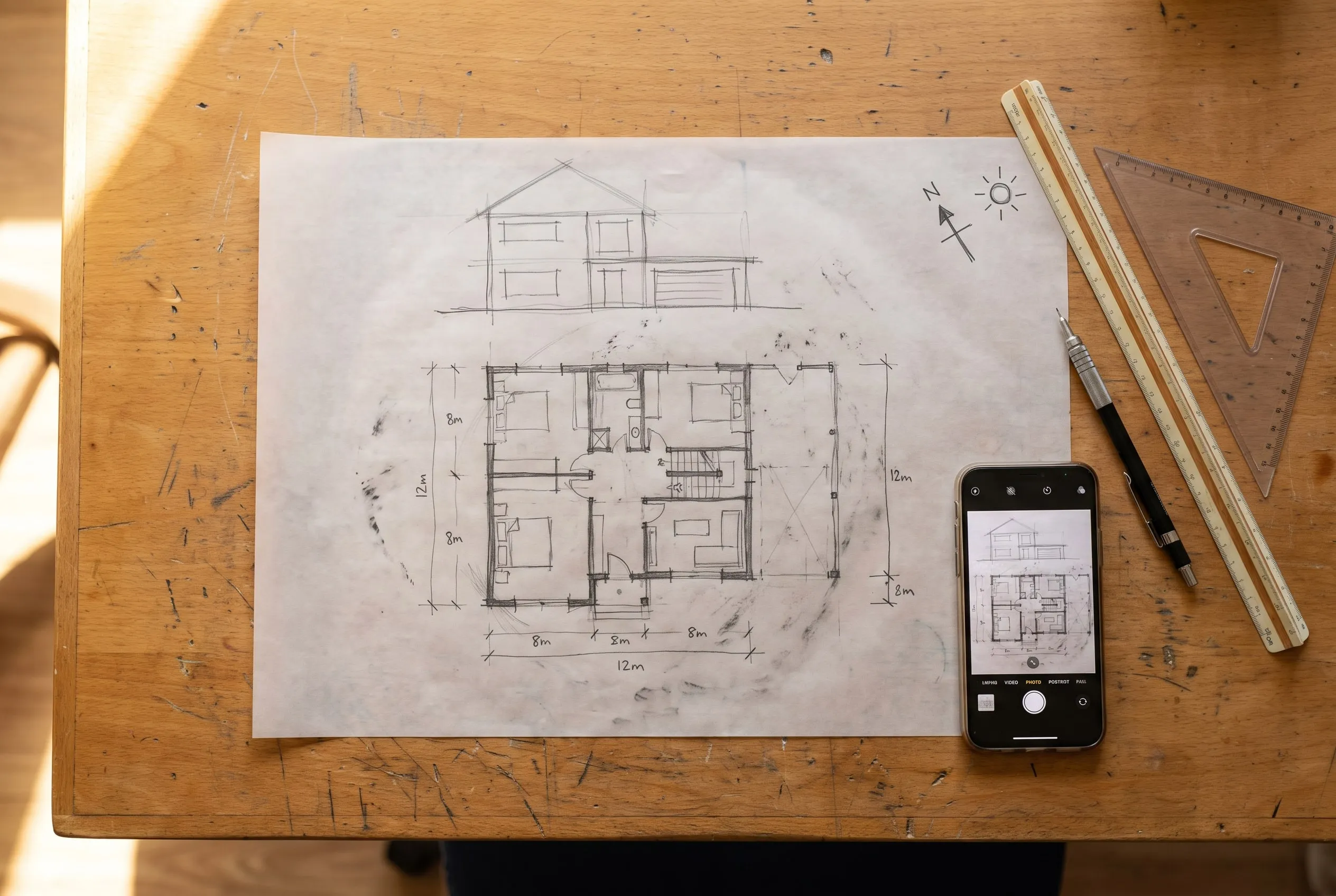 Un croquis a mano alzada sobre papel de calcar: la planta de una casa y su fachada, con las medidas escritas a mano y una flecha del norte con el sol. Al lado, un teléfono con la cámara abierta encuadrando el dibujo.