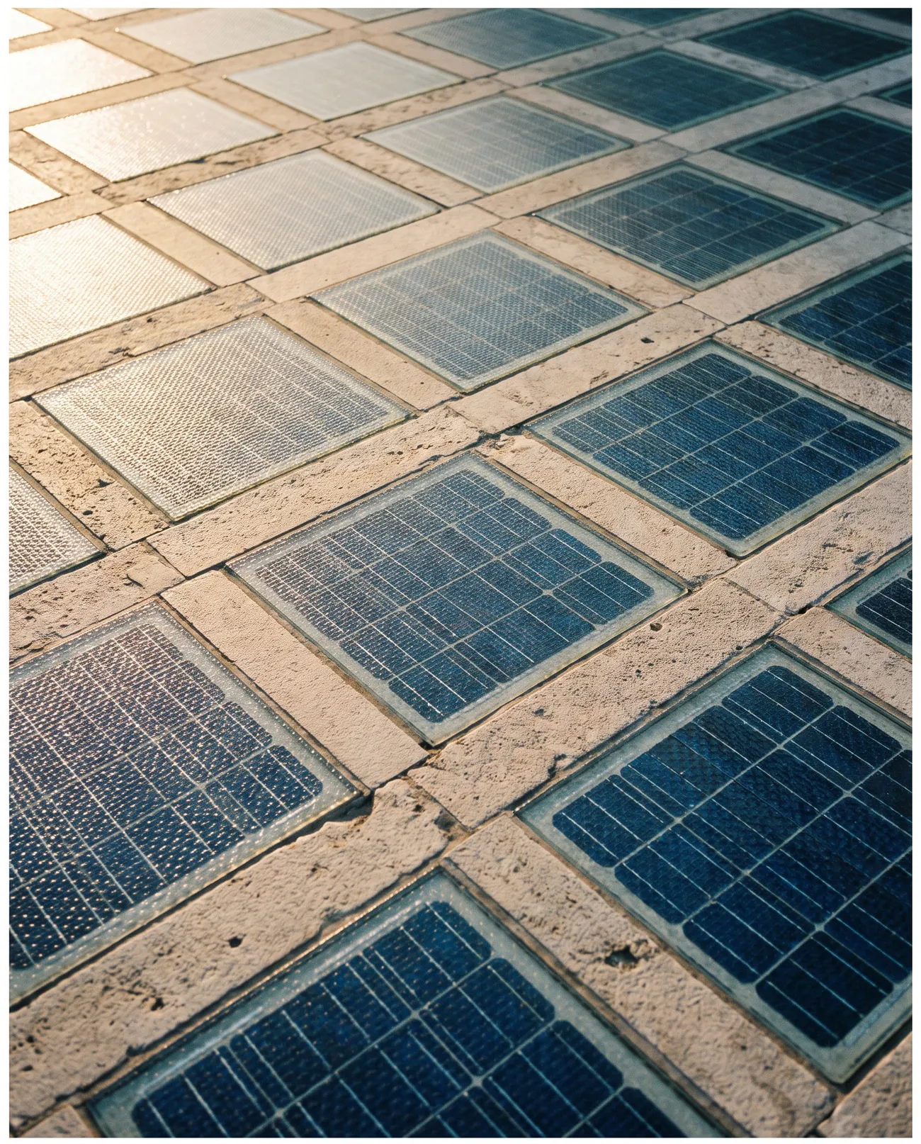 Baldosas fotovoltaicas transitables al ras de un solado, con las celdas visibles bajo la terminación.